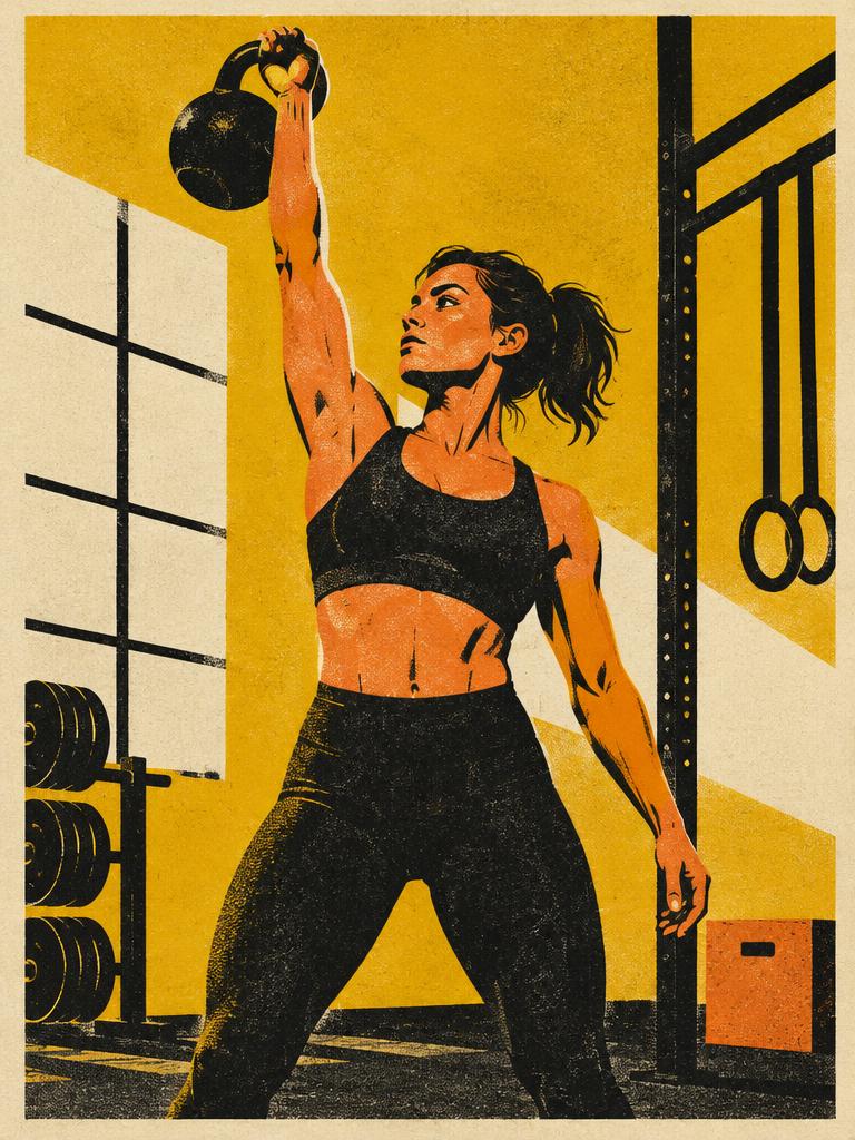 Przykładowa grafika: kobieta unosząca kettlebell na siłowni